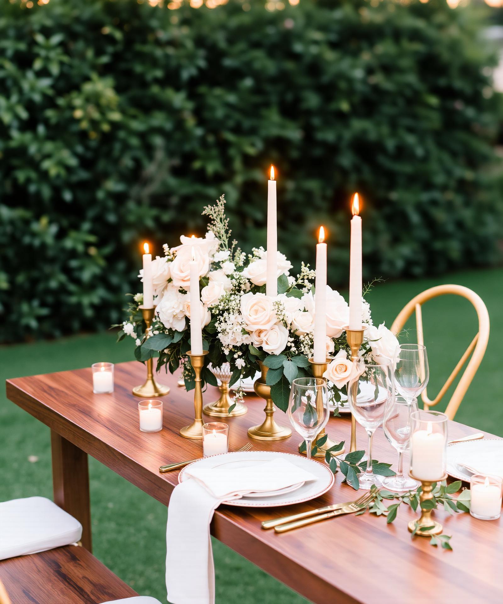 Elegant outdoor wedding tablescape with candles and florals